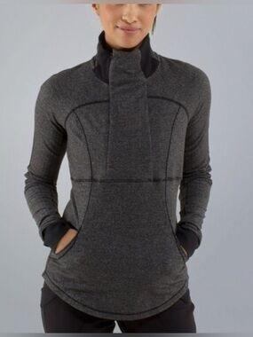 Lululemon Base Runner 1/2 Zip Heathered Herringbone Black Reflective Trim Sz 6